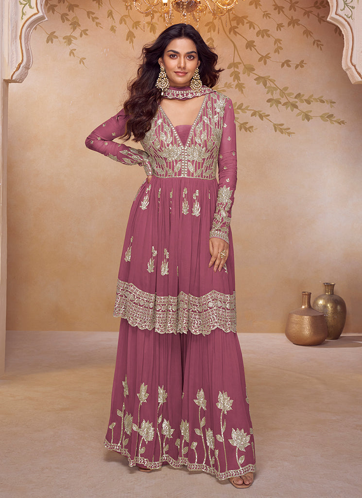 Rose Pink Embroidered Gharara Style Suit