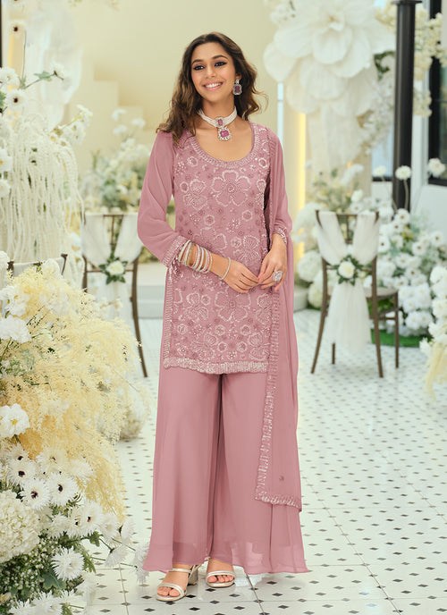 Rose Pink Designer Embroidery Palazzo Suit