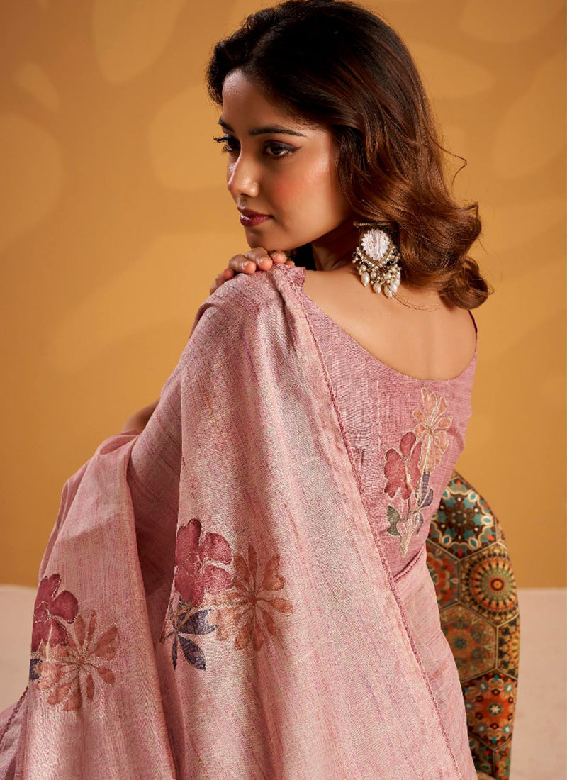 Rose Pink Embroidered Traditional Silk Saree