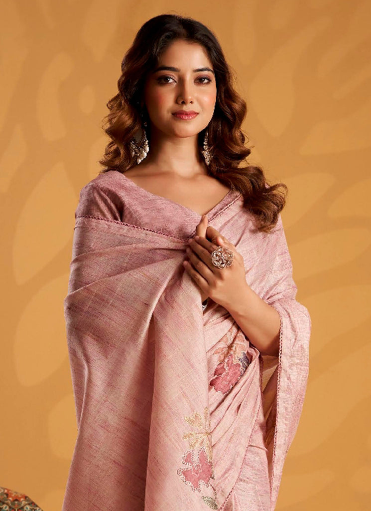 Rose Pink Embroidered Traditional Silk Saree