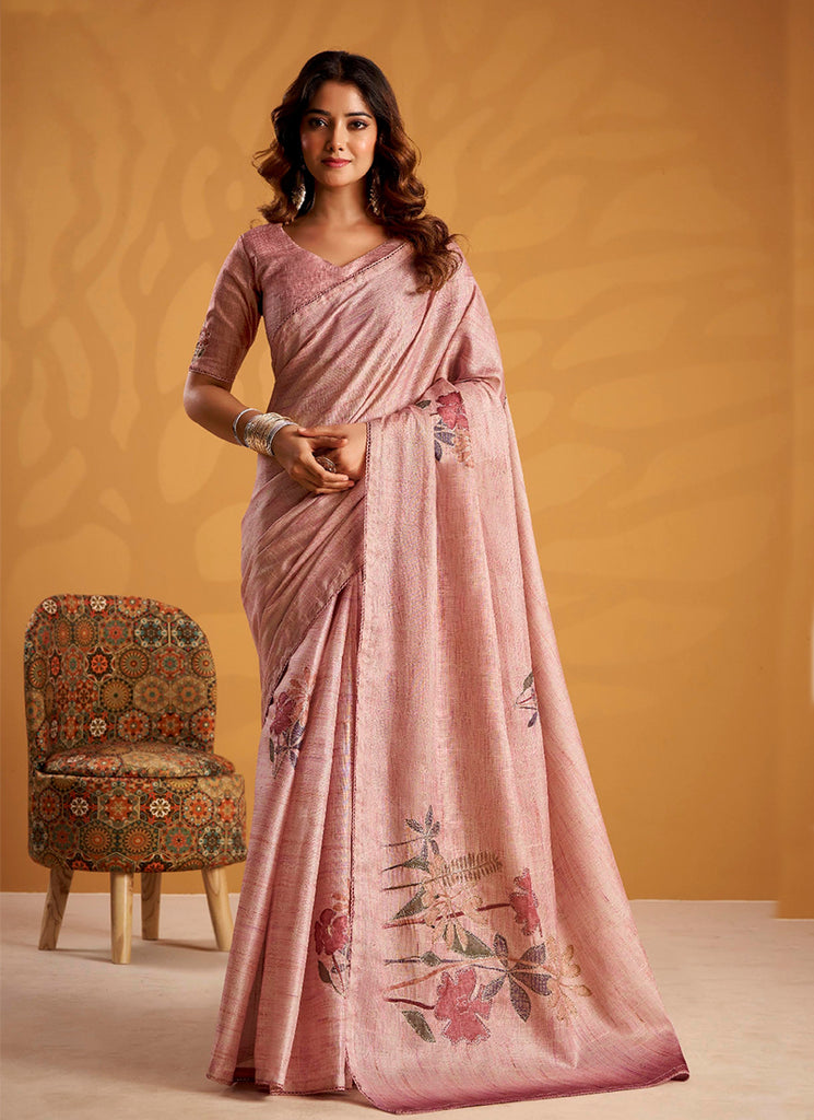 Rose Pink Embroidered Traditional Silk Saree