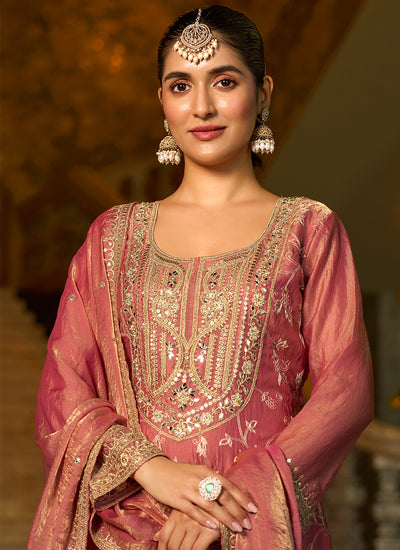 Rose Pink Embroidered Silk Sharara Suit