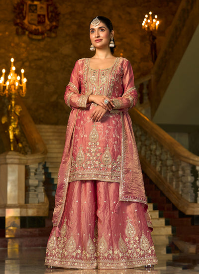 Rose Pink Embroidered Silk Sharara Suit