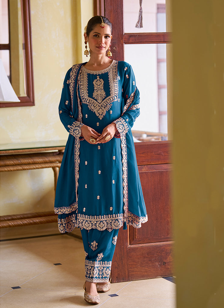 Royal Blue Embroidered Silk Anarkali Pant Suit