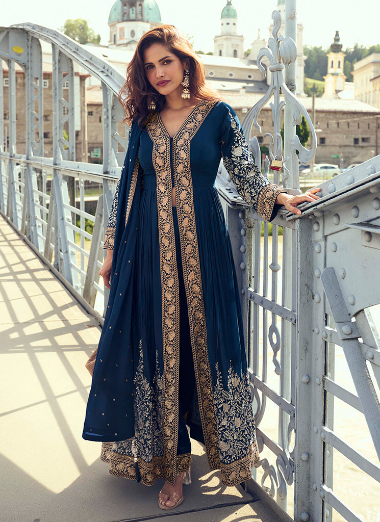 Royal Blue Embroidered Slit Style Anarkali Pant Suit