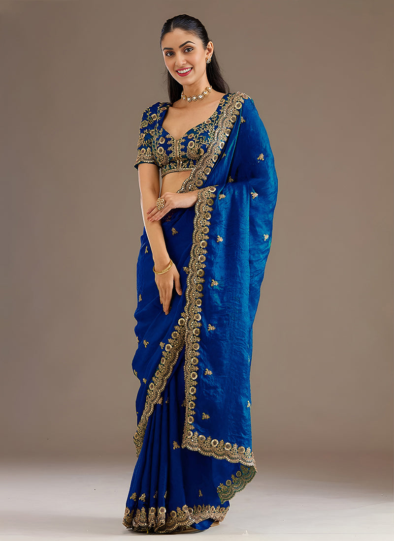 Royal Blue Multi Embroidered Wedding Saree