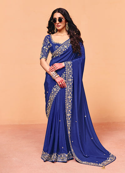 Royal Blue Embroidered Bridal Saree