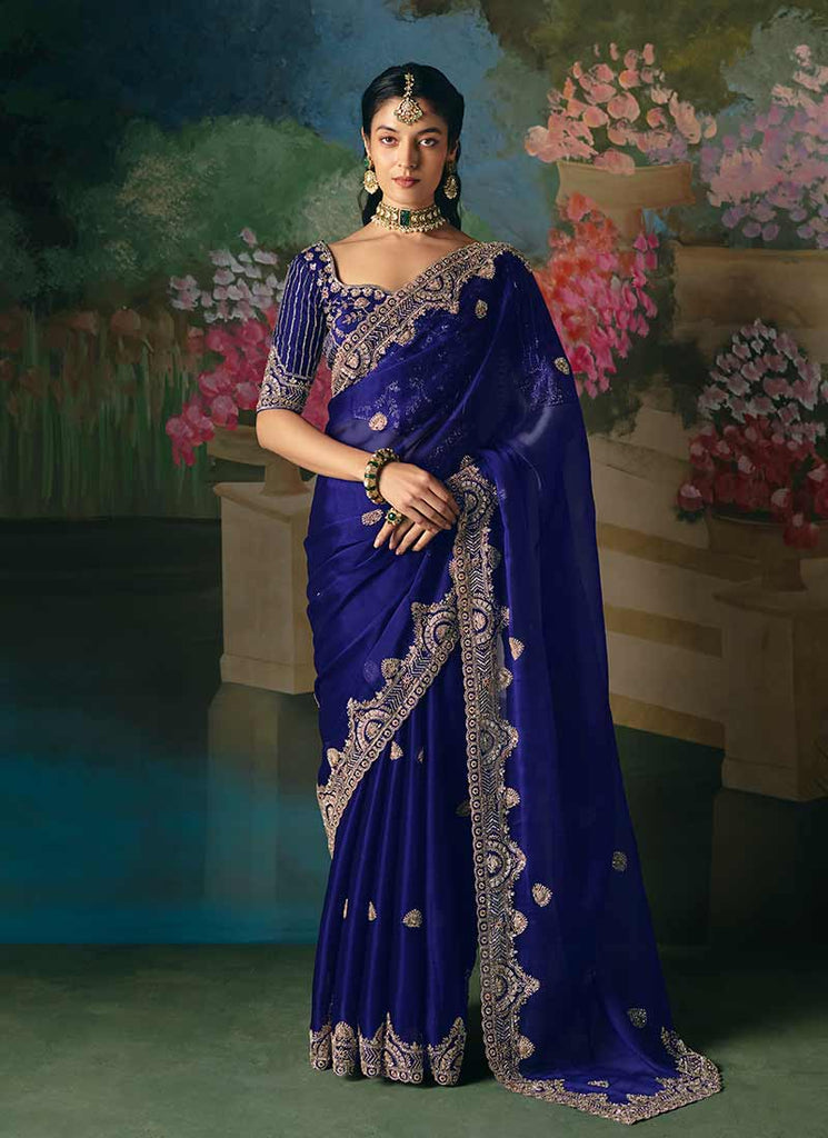 Royal Blue Embroidery Saree and Blouse