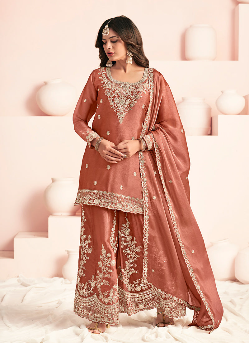 Rust Orange Embroidery Silk Palazzo Suit