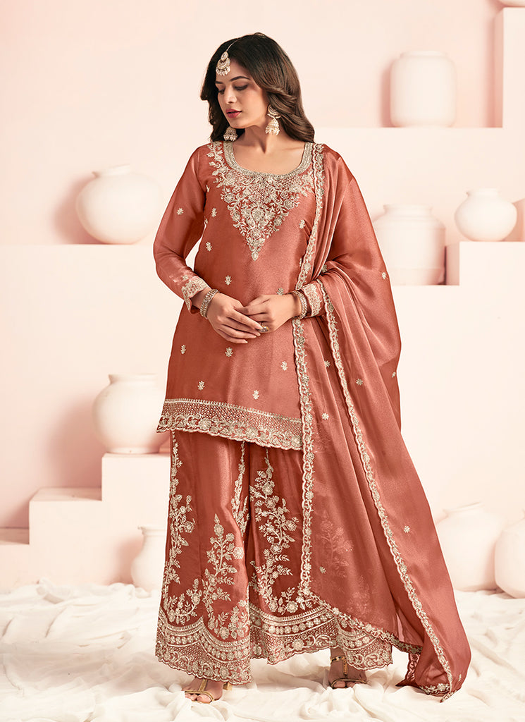 Rust Orange Embroidery Silk Palazzo Suit