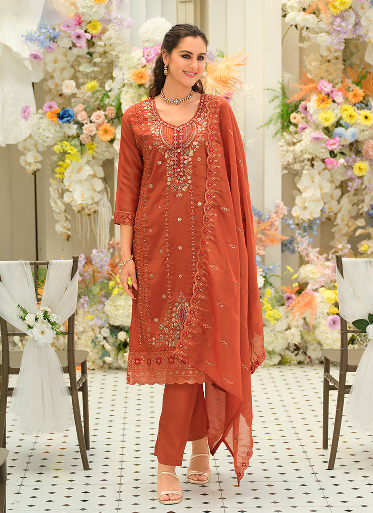 Rust Orange Embroidery Pant Style Suit