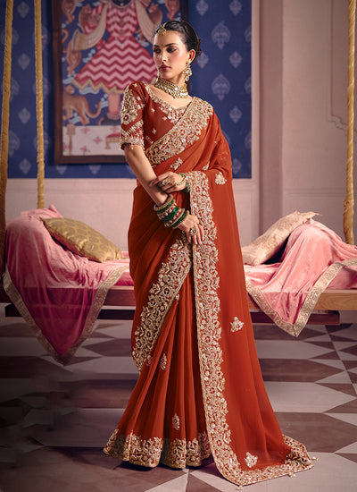 Rust Orange Embroidered Tissue Silk Saree