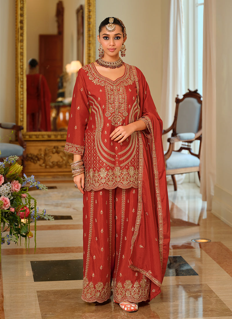 Rust Red Reshamkari Embroidered Festive Palazzo Suit