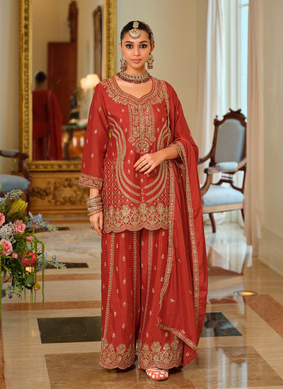 Rust Red Reshamkari Embroidered Festive Palazzo Suit