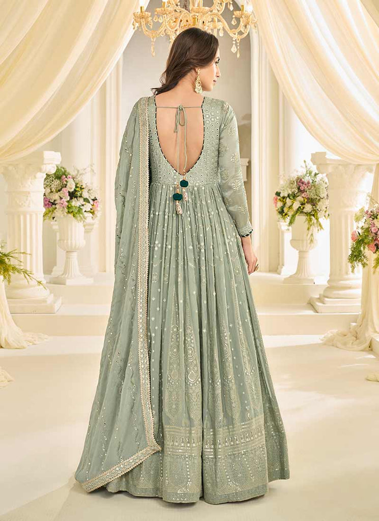 Sage Green Chikankari Embroidered Anarkali Suit L Sage Green Chikankari Embroidered Anarkali Suit L