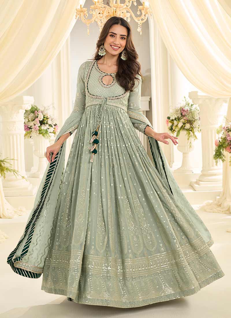 Sage Green Chikankari Embroidered Anarkali Suit