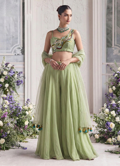 Sage Green Handwork Embroidered Palazzo Set