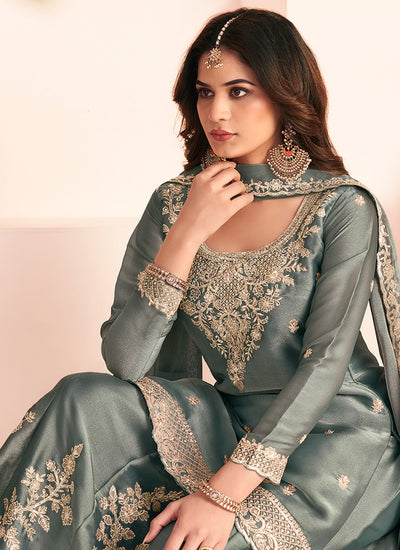 Sage Green Embroidery Silk Palazzo Suit
