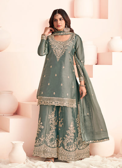 Sage Green Embroidery Silk Palazzo Suit