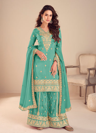 Sea Green Embroidered Palazzo Suit