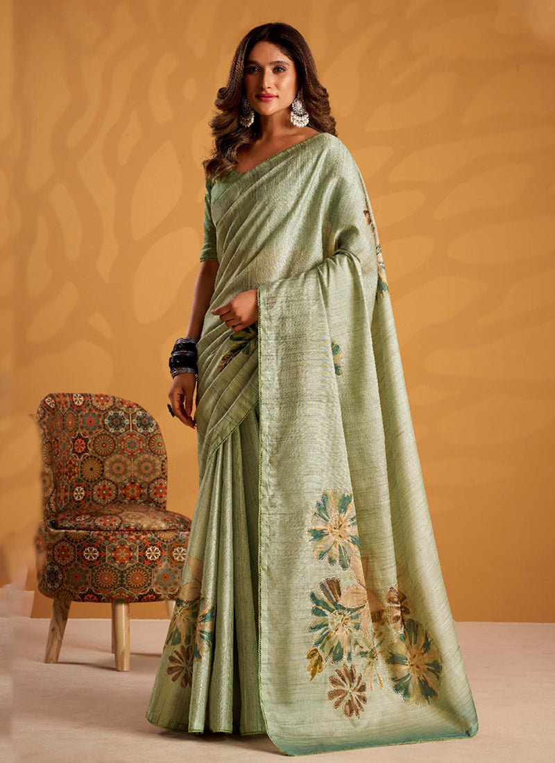 Sage Green Embroidered Traditional Silk Saree