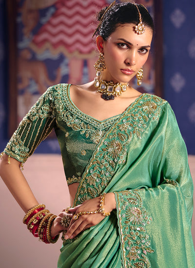 Sage Green Embroidered Tissue Silk Saree