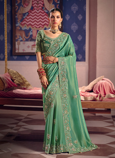 Sage Green Embroidered Tissue Silk Saree