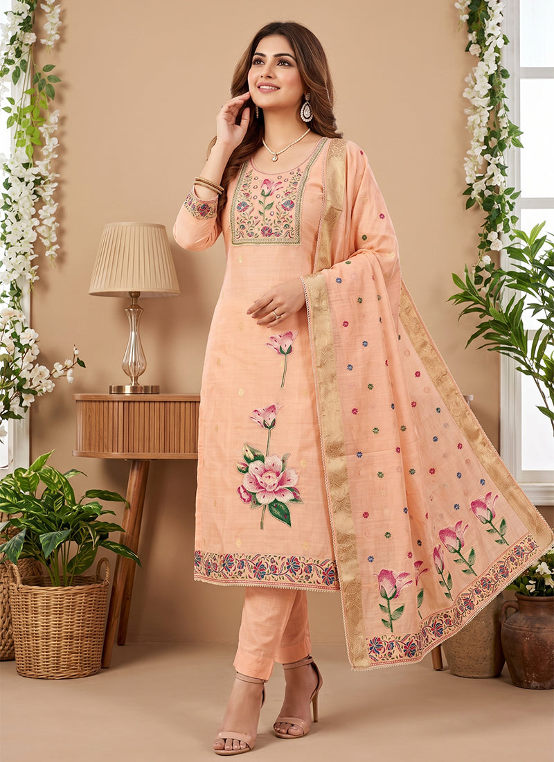 Peach Printed Cotton Salwar Kameez