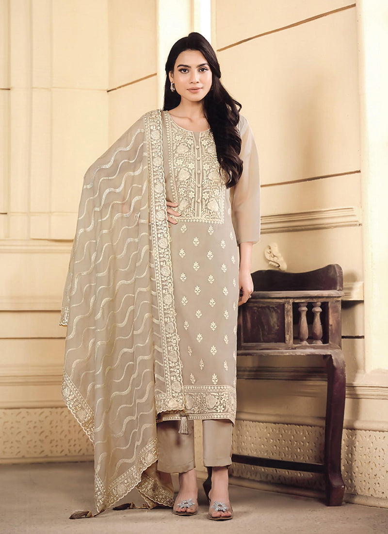 Beige Embroidered Pakistani Straight Cut Suit
