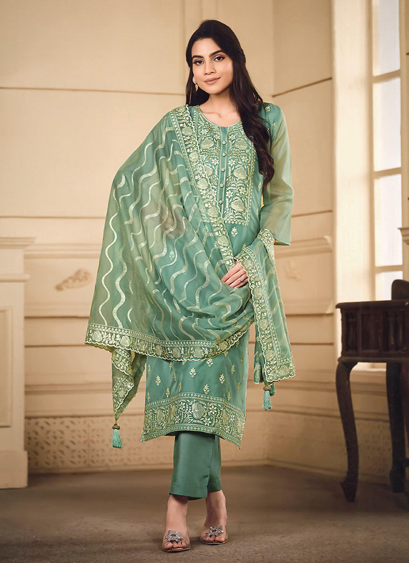 Mint Green Embroidered Pakistani Straight Cut Suit