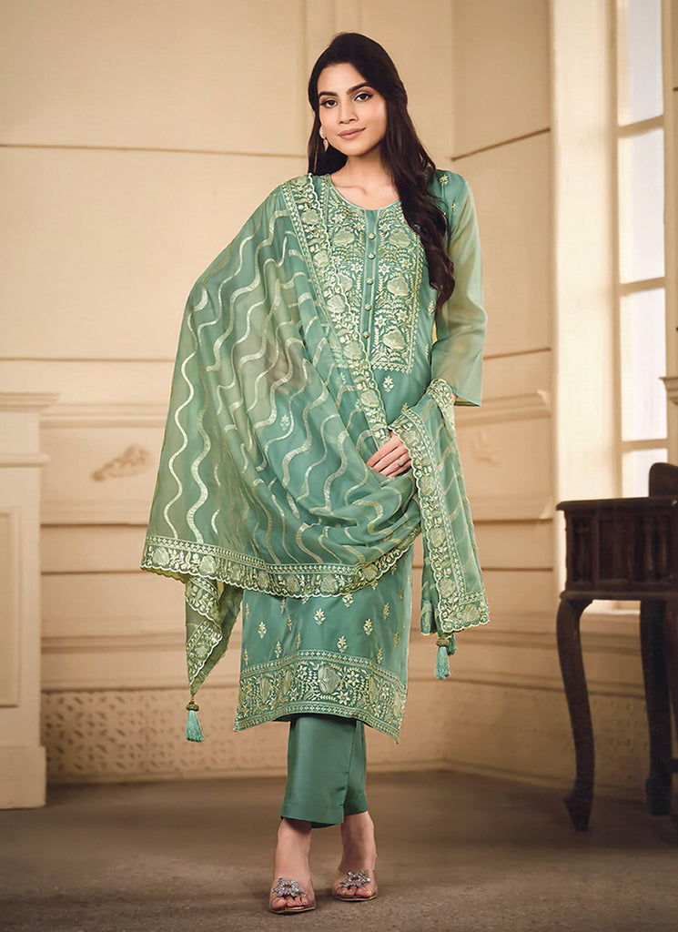 Mint Green Embroidered Pakistani Straight Cut Suit