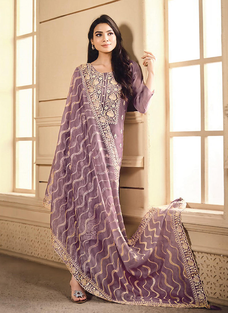 Purple Embroidered Pakistani Straight Cut Suit