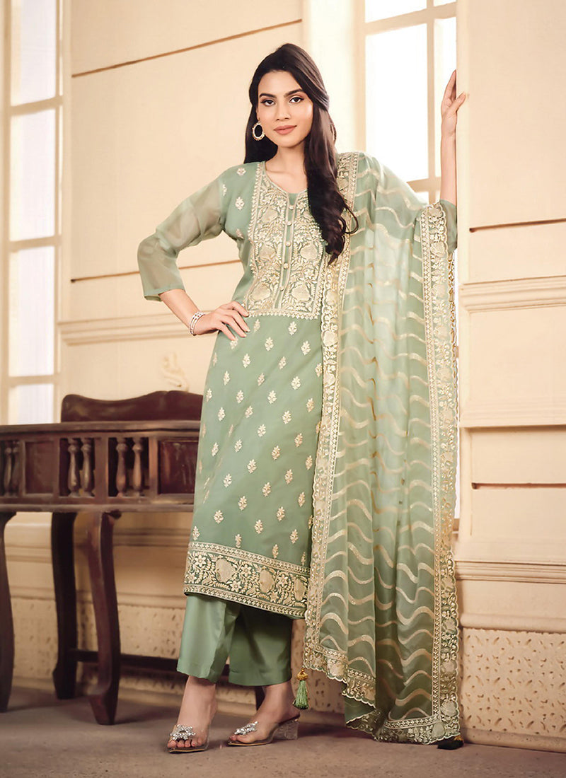 Light Green Embroidered Pakistani Straight Cut Suit