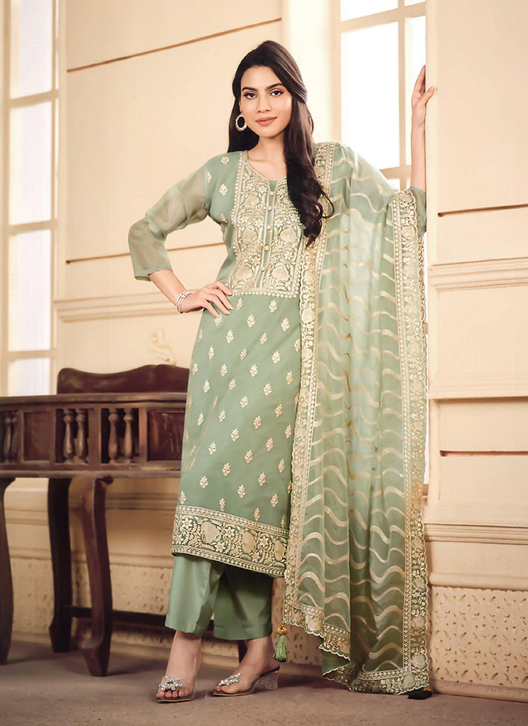 Light Green Embroidered Pakistani Straight Cut Suit