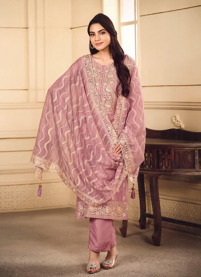 Rose Pink Embroidered Pakistani Straight Cut Suit