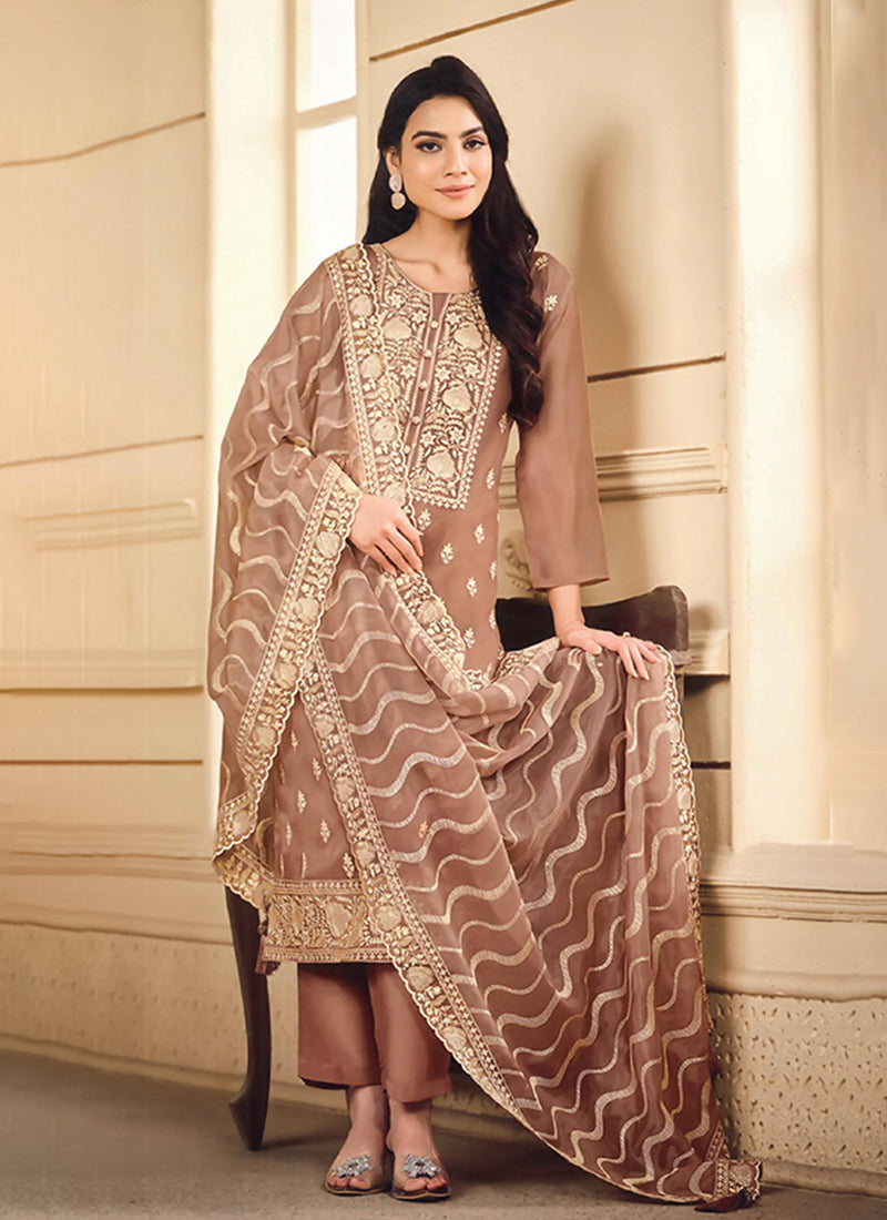 Light Brown Embroidered Pakistani Straight Cut Suit