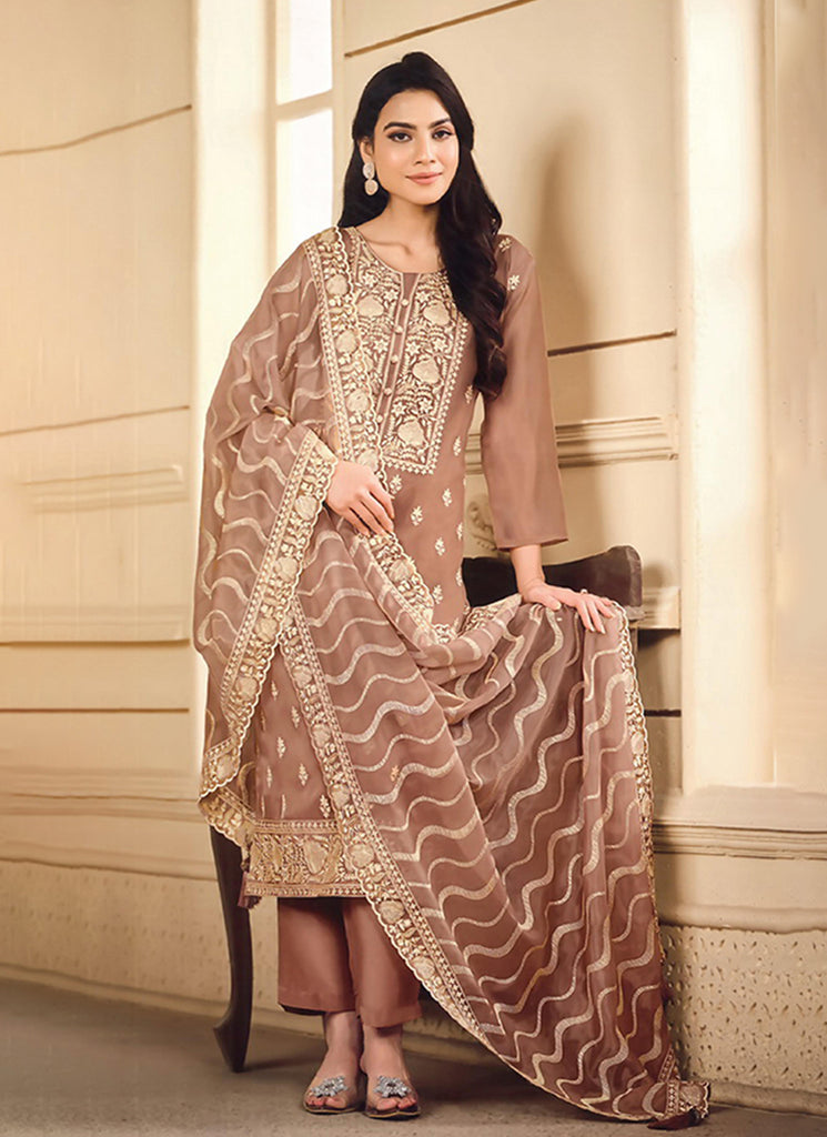 Light Brown Embroidered Pakistani Straight Cut Suit
