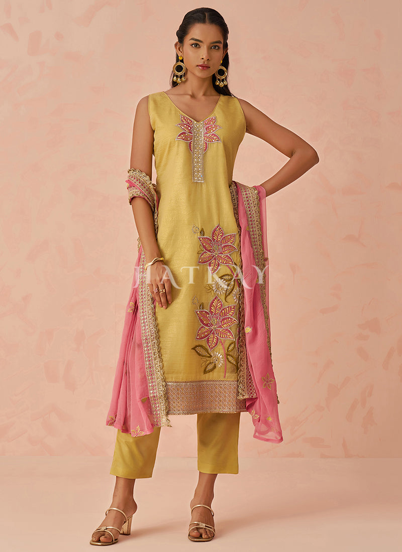 Yellow And Pink Embroidery Salwar Kameez Suit