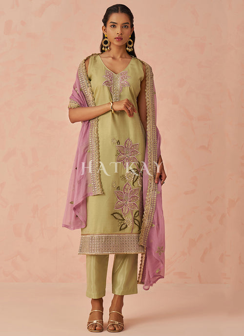 Green And Pink Embroidery Salwar Kameez Suit