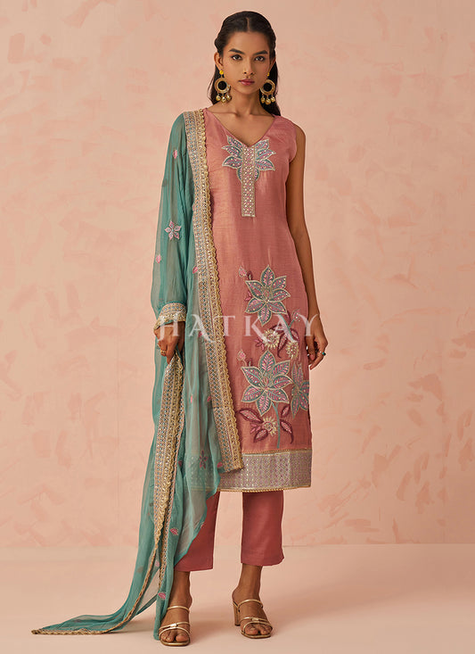 Orange And Green Embroidery Salwar Kameez Suit