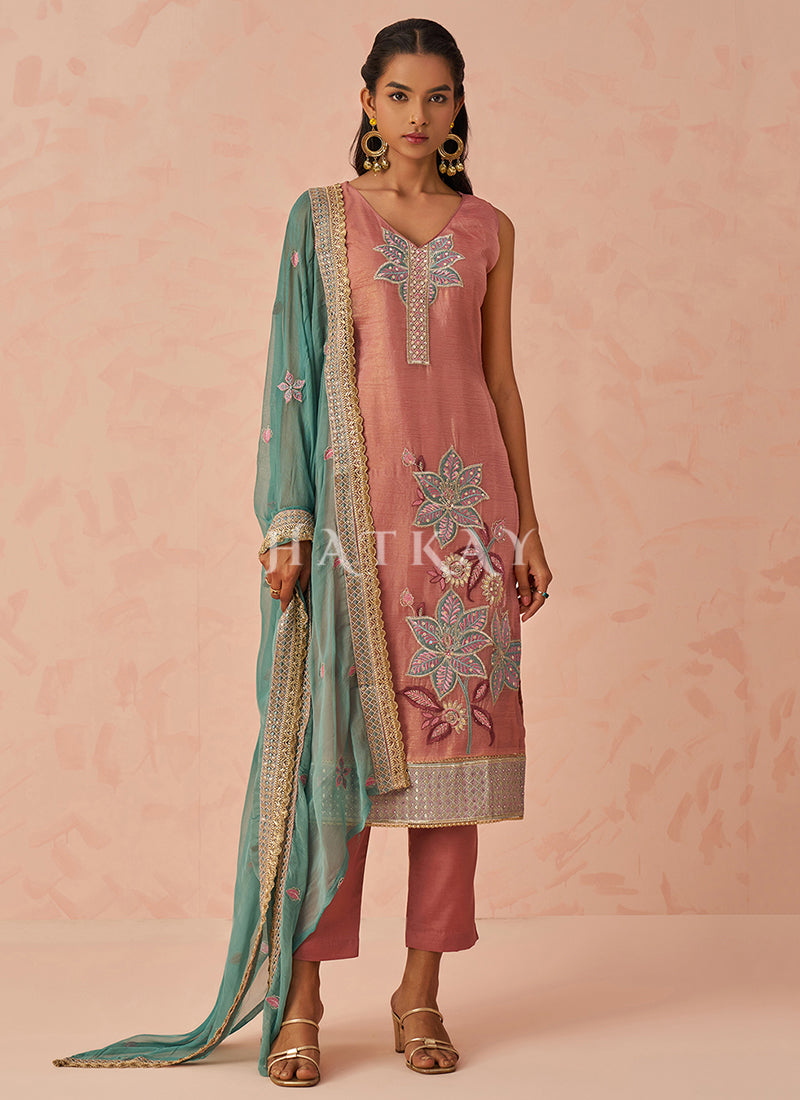 Orange And Green Embroidery Salwar Kameez Suit