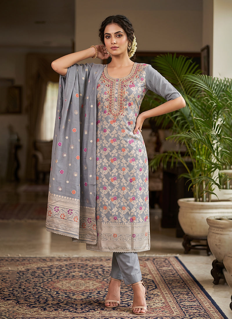 Grey Embroidered Salwar Suit