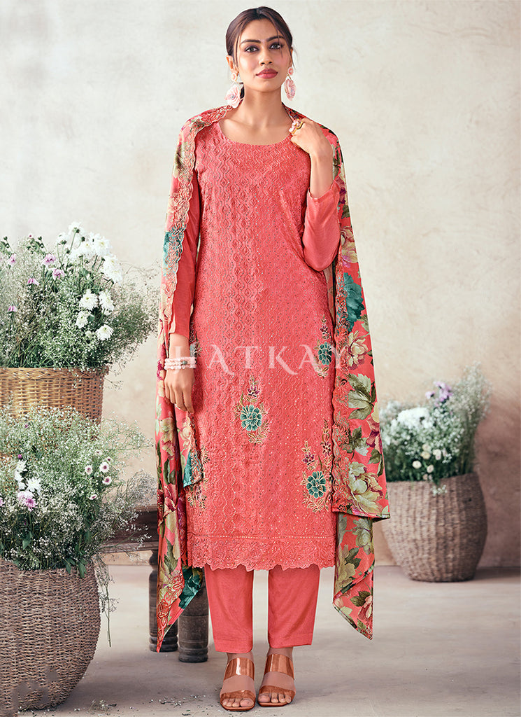 Coral Pink Floral Embroidery Salwar Kameez Suit