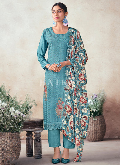 Sky Blue Floral Embroidery Salwar Kameez Suit