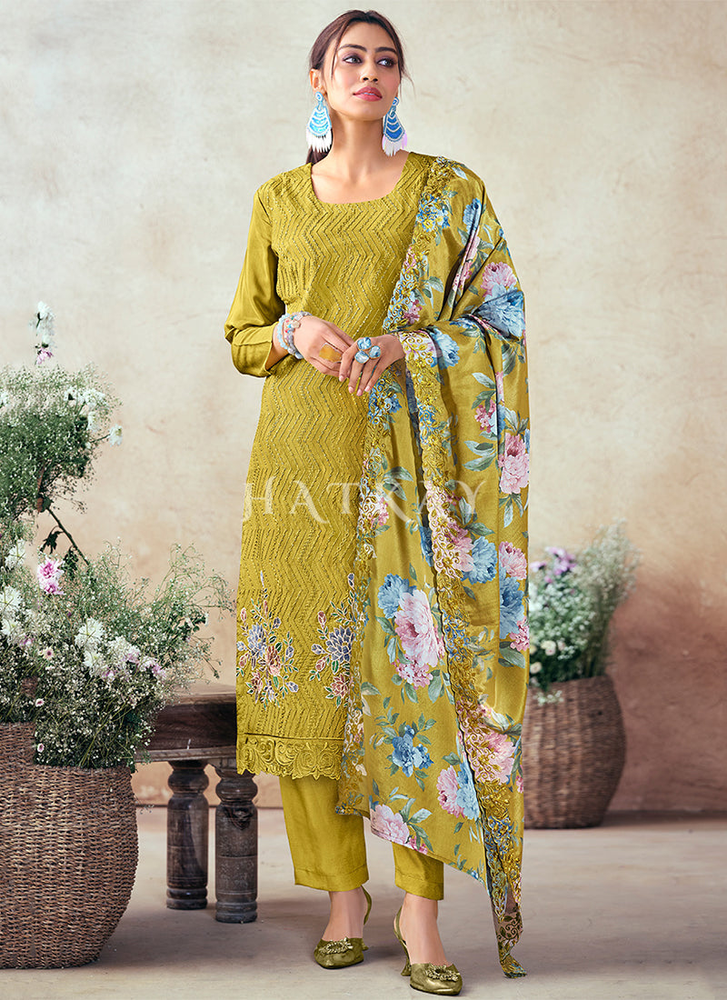 Lime Green Floral Embroidery Salwar Kameez Suit
