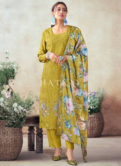 Lime Green Floral Embroidery Salwar Kameez Suit