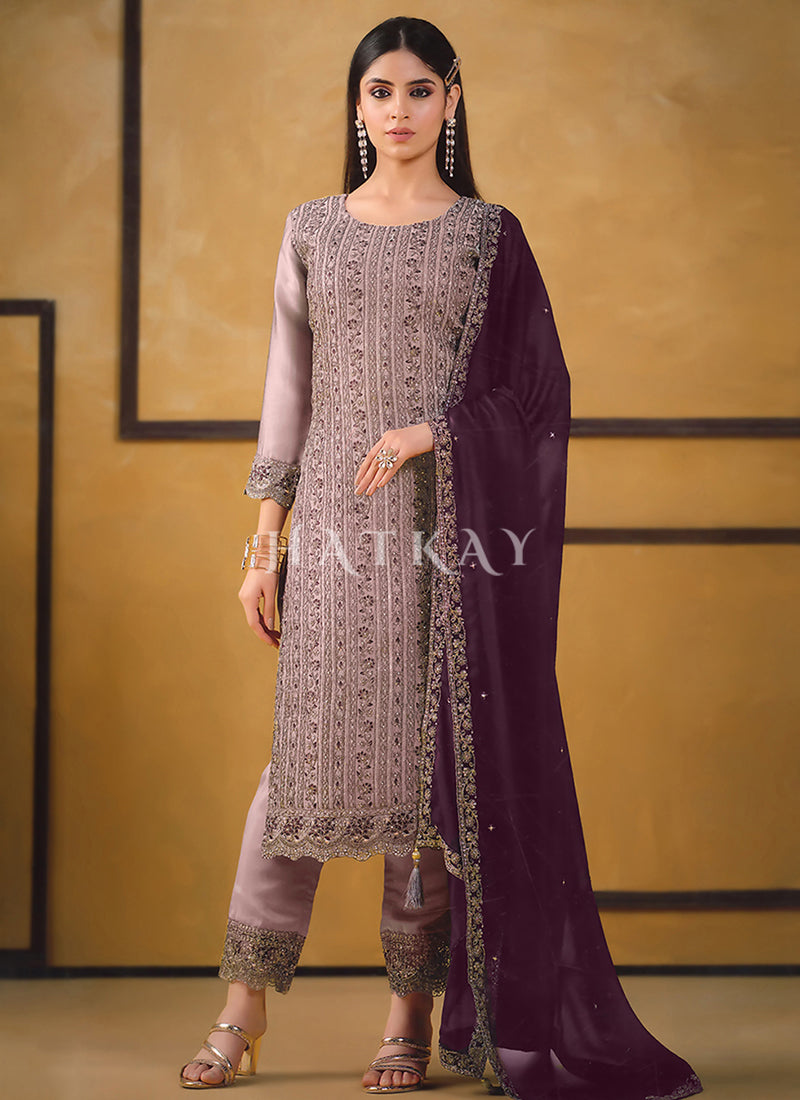 Purple And Wine Embroidery Pant Style Suit