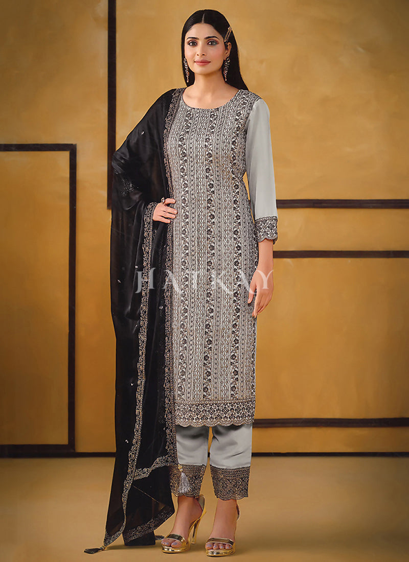 Grey And Black Embroidery Pant Style Suit
