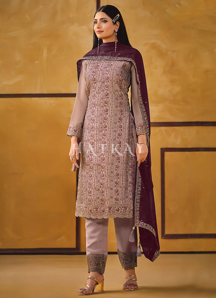 Pink And Wine Embroidery Pant Style Suit