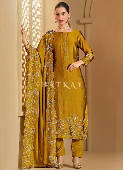 Golden Yellow Embroidered Pant Style Suit